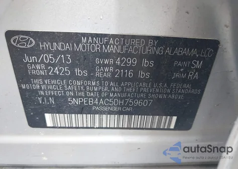 2013 Hyundai Sonata Gls z USA, uszkodzony, nr VIN 5NPEB4AC5DH759607